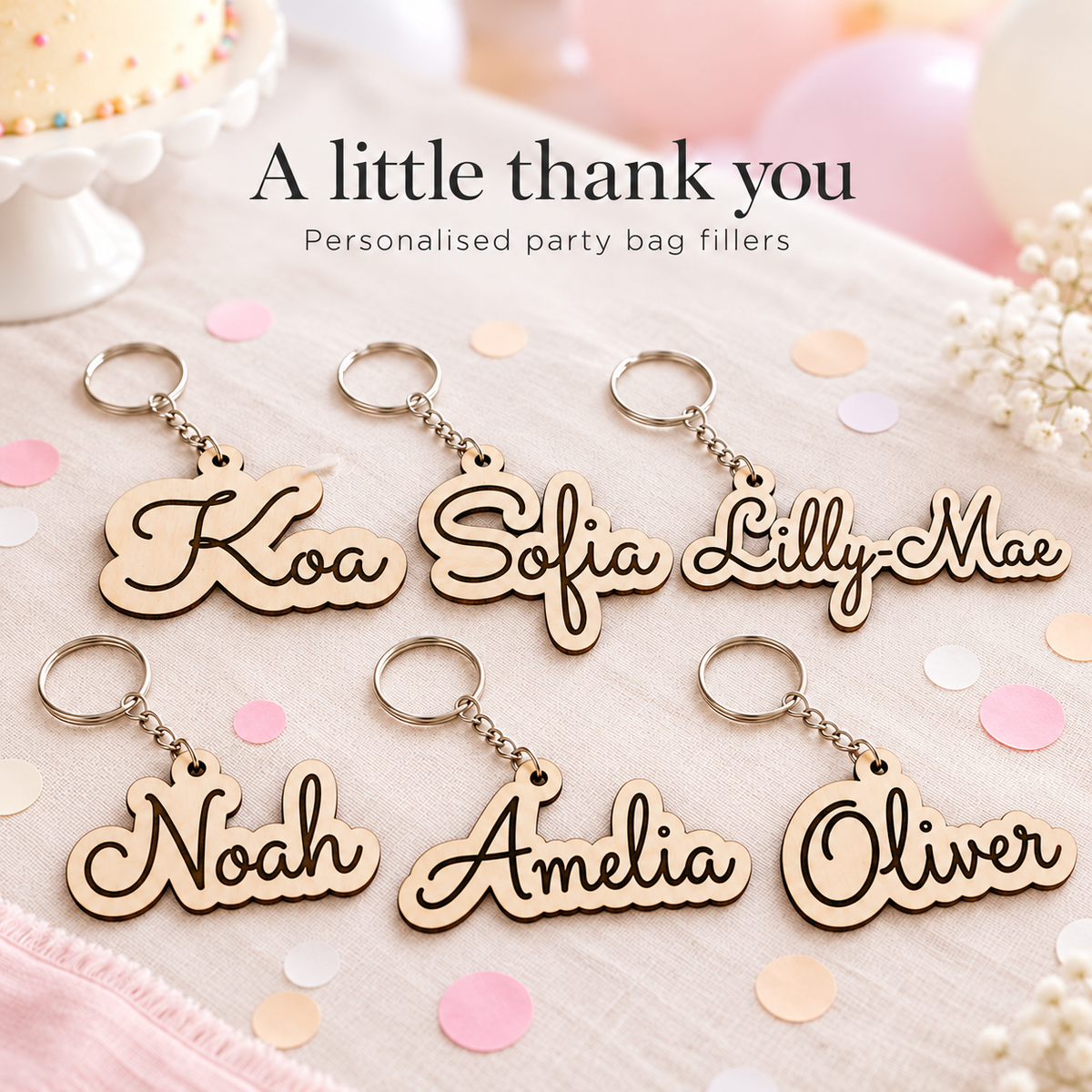 Personalised wooden name keyrings arranged as party bag fillers on a pink party table with gift bags.