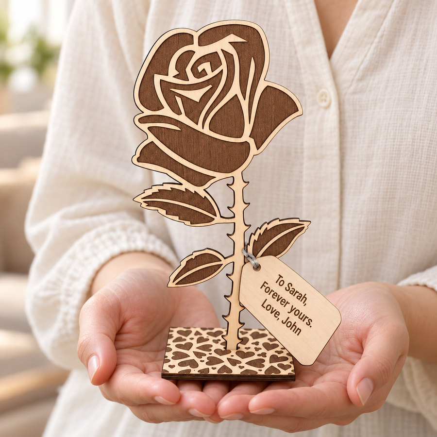 Hands holding a personalised wooden everlasting rose with a Forever yours message