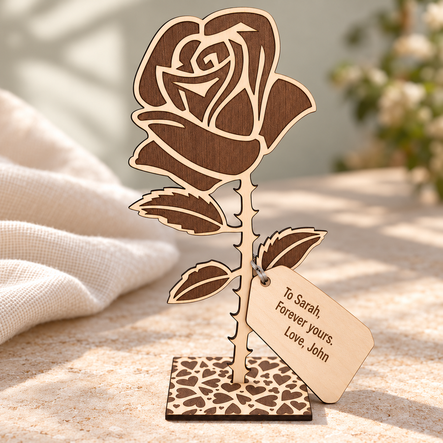 Wooden everlasting rose with walnut-brown engraving, personalised Sarah tag and heart-patterned stand