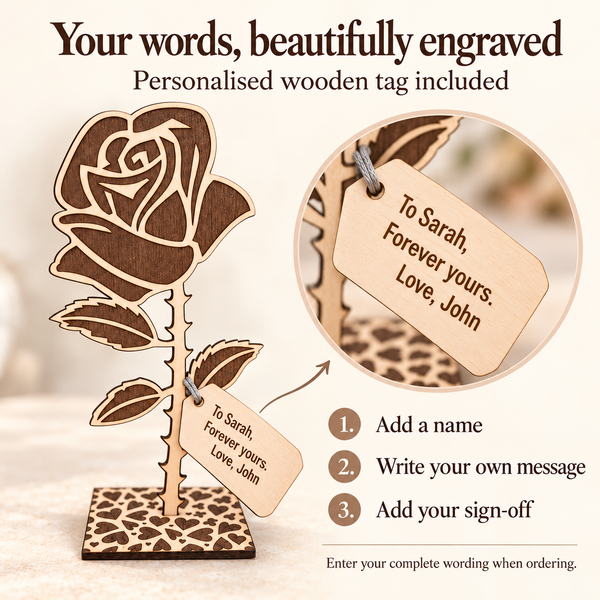 Personalised wooden tag included with the everlasting rose: add a name, your own message and sign-off