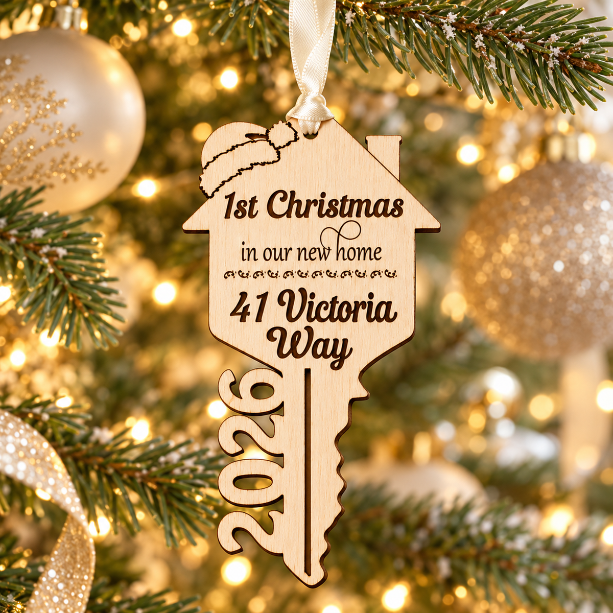 Personalised wooden new home key decoration engraved 41 Victoria Way and 2026, hanging on a Christmas tree