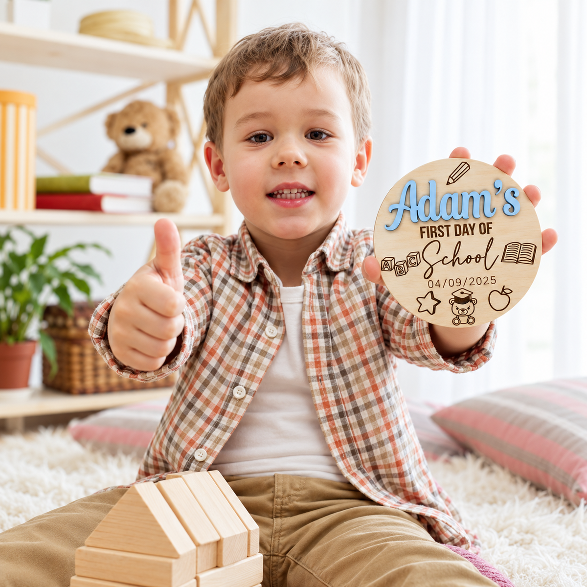 Child presenting a personalised first day of school wooden photo prop