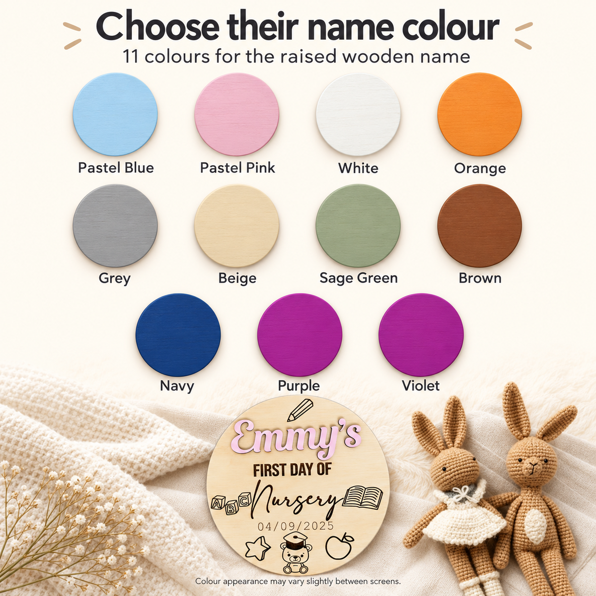 Eleven name colour options for the personalised first day plaque