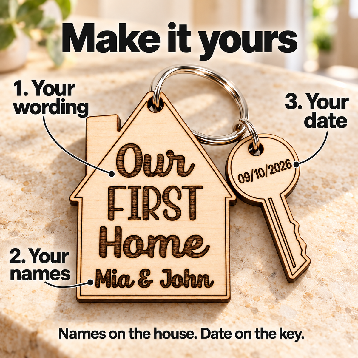 Personalisation guide showing wording and names on the wooden house and your date on the small key-shaped charm.