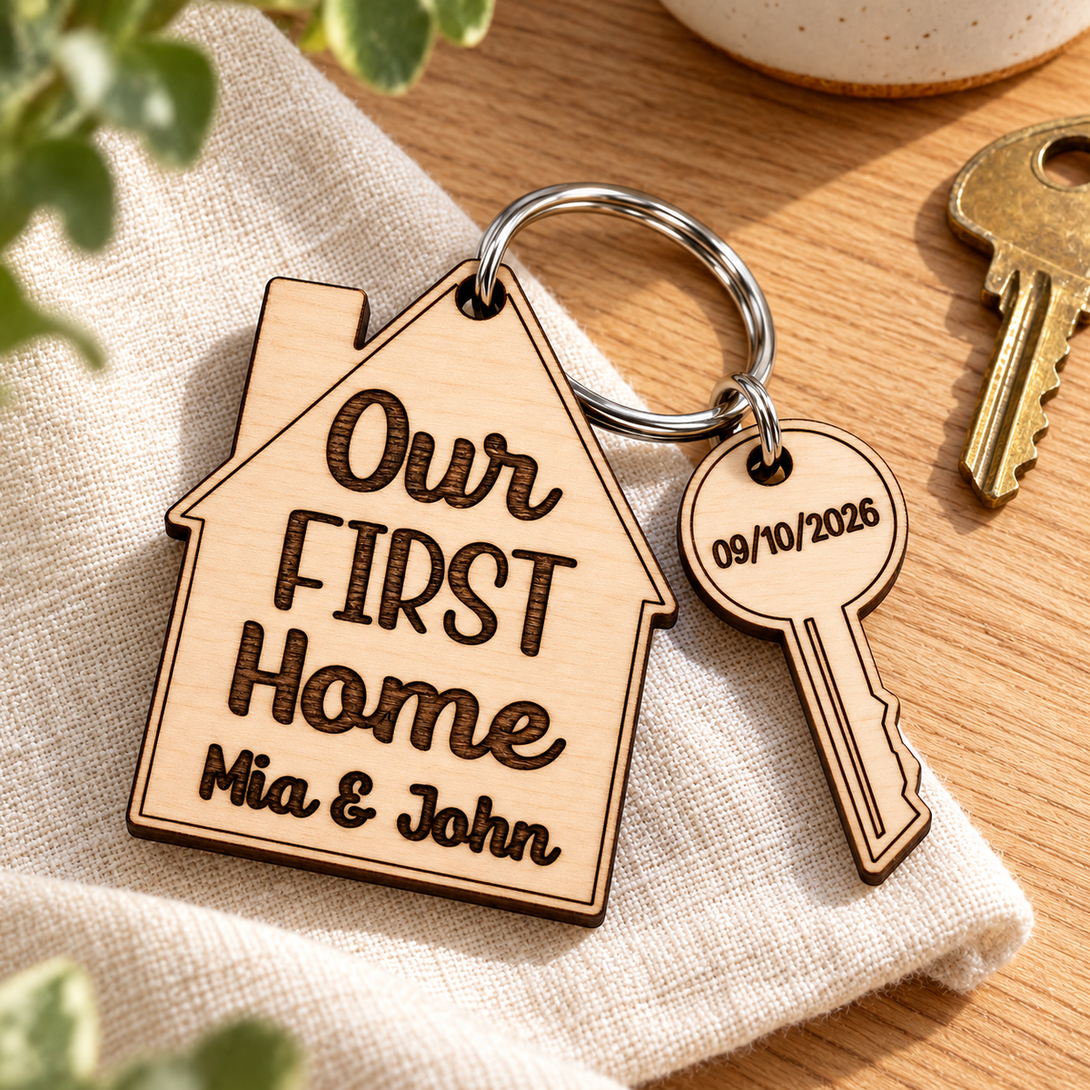 House-shaped Our First Home keyring and dated wooden key charm on linen beside a house key.