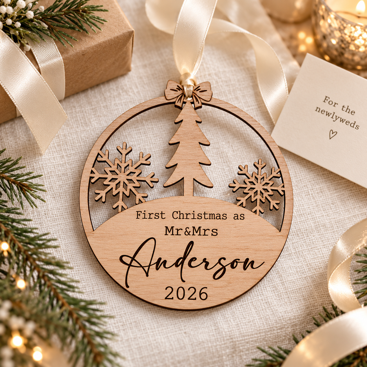 Personalised first married Christmas bauble styled as a newlywed gift with festive props