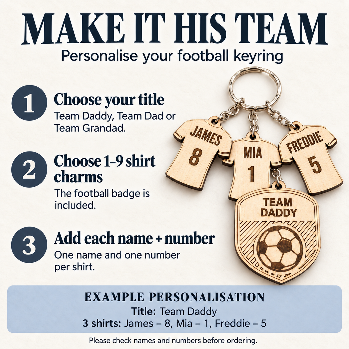 Football keyring personalisation guide: choose a badge title, select one to nine shirt charms and enter each name and number