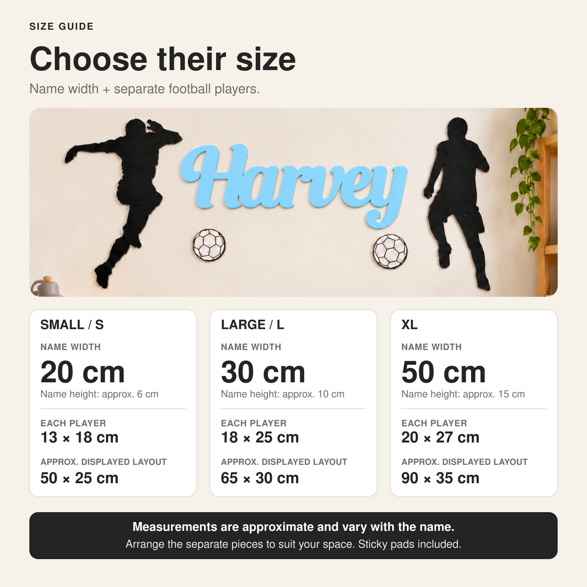 Football name sign size guide showing 20, 30 and 50 cm name widths, football player sizes and approximate display layouts.