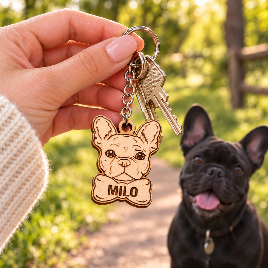Personalised wooden French Bulldog keyring engraved MILO, held with house keys beside a black Frenchie on a woodland walk