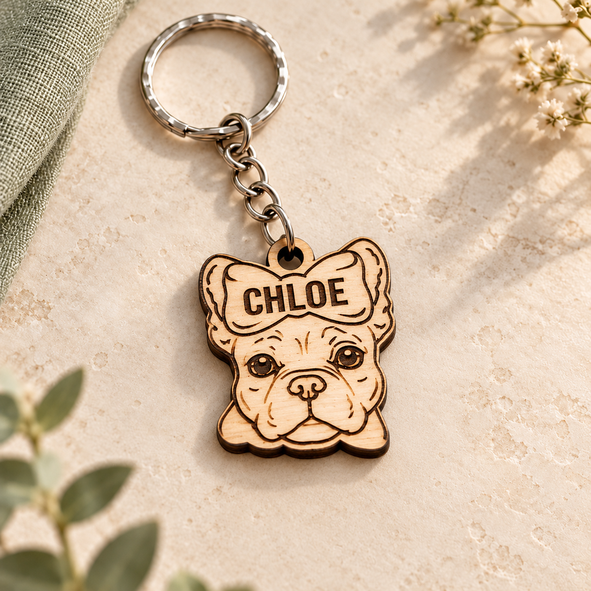 Female French Bulldog wooden keyring with CHLOE engraved on the top bow, styled on pale stone