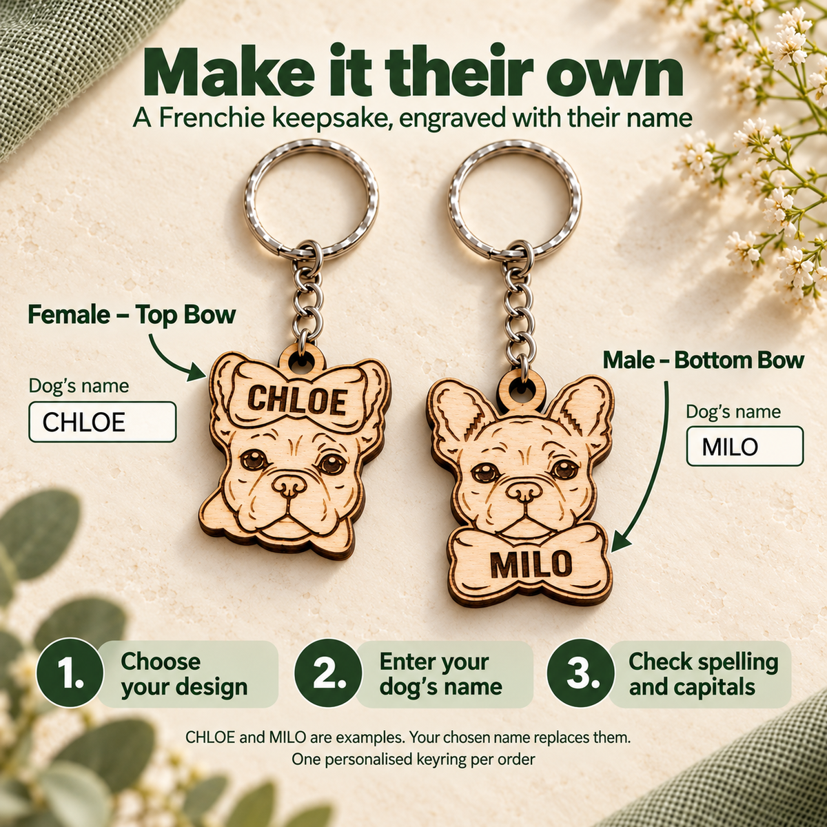 How to personalise a French Bulldog keyring: choose top or bottom bow, enter the dog's name and check spelling