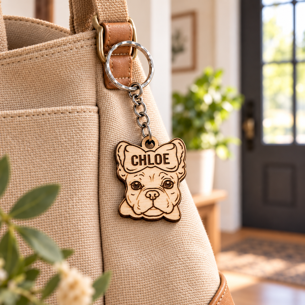 Personalised French Bulldog keyring with CHLOE on the top bow attached to a tan canvas bag