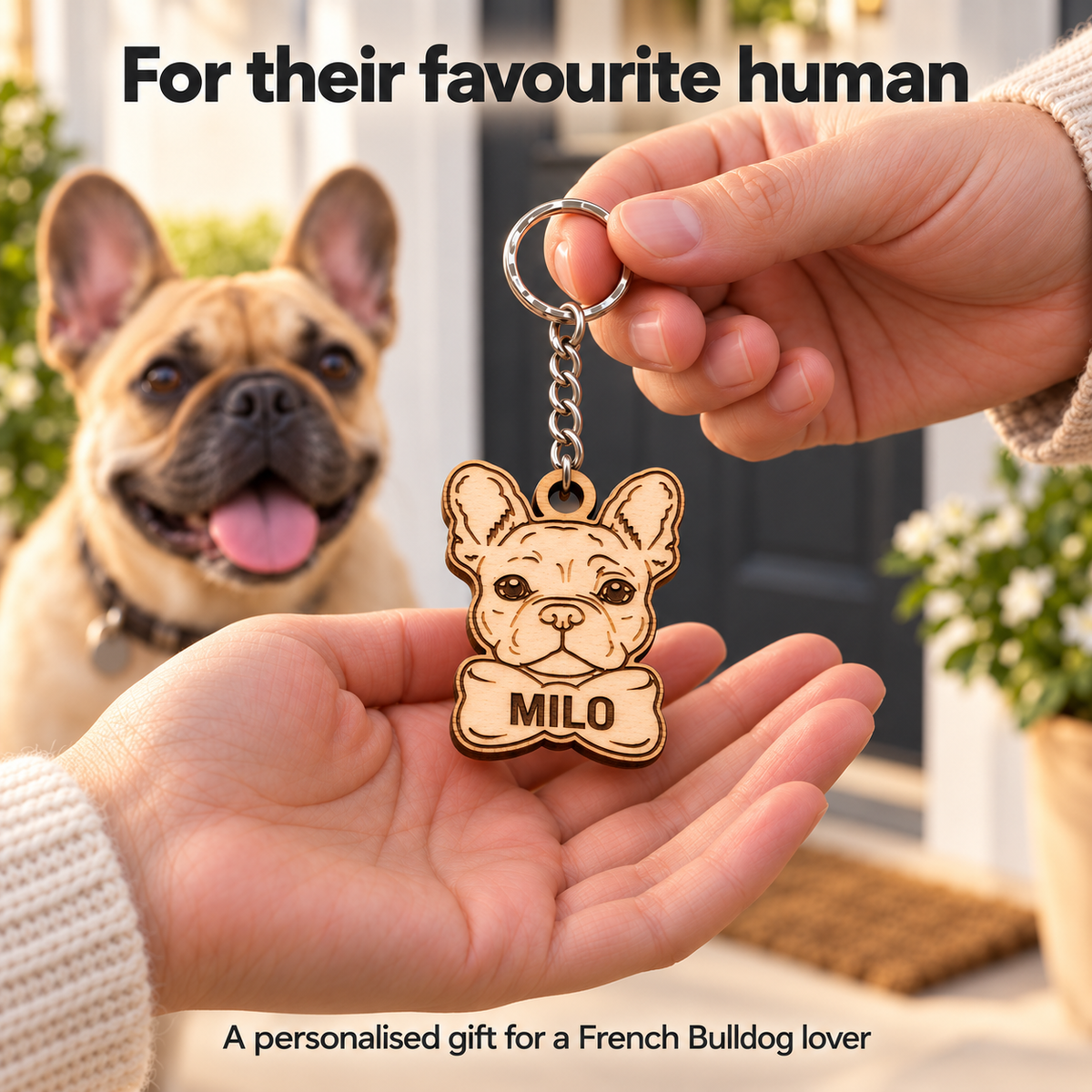 Hands presenting a personalised MILO French Bulldog keyring as a gift with a Frenchie beside its owners