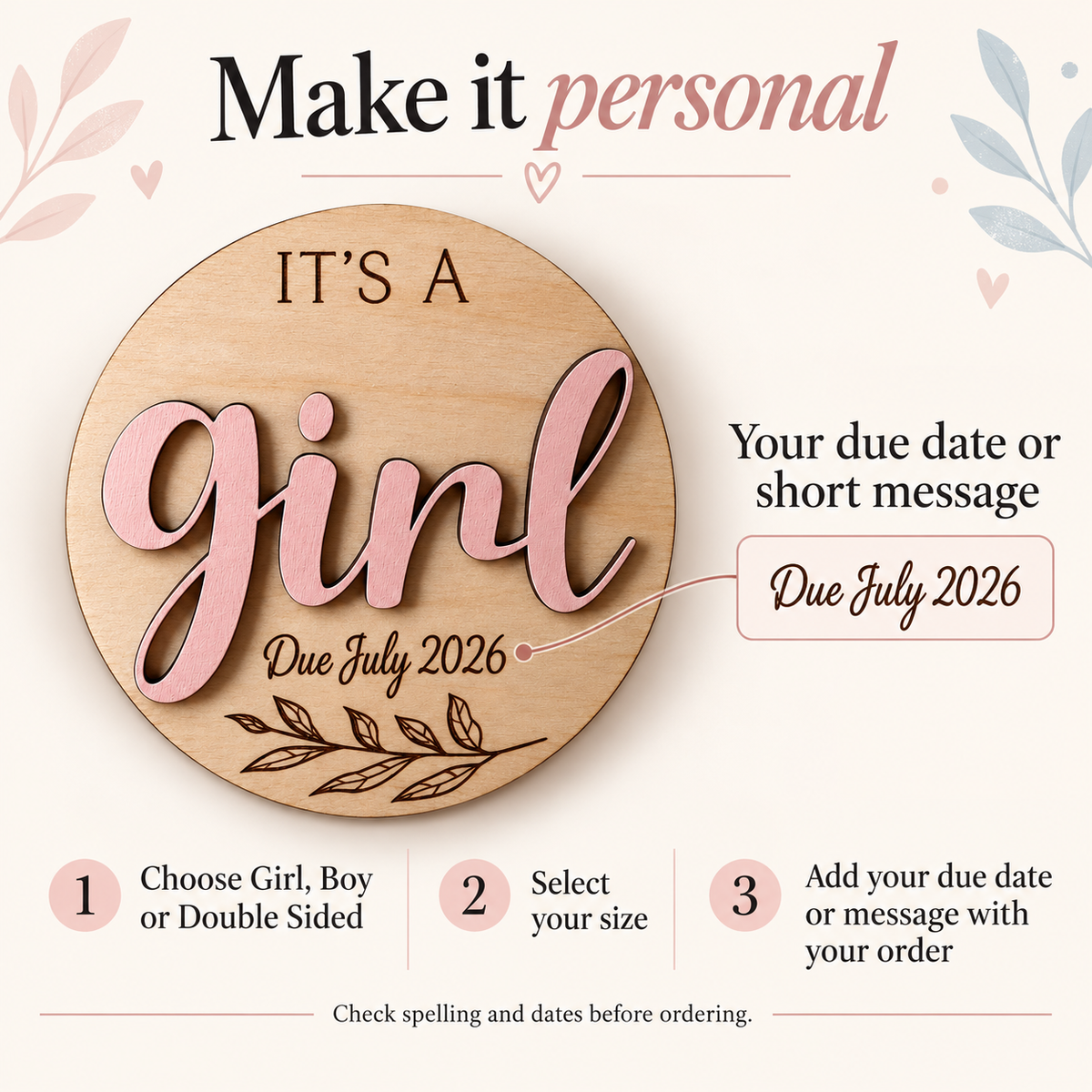 How to personalise a gender reveal plaque with your exact due date or short message; example Due July 2026