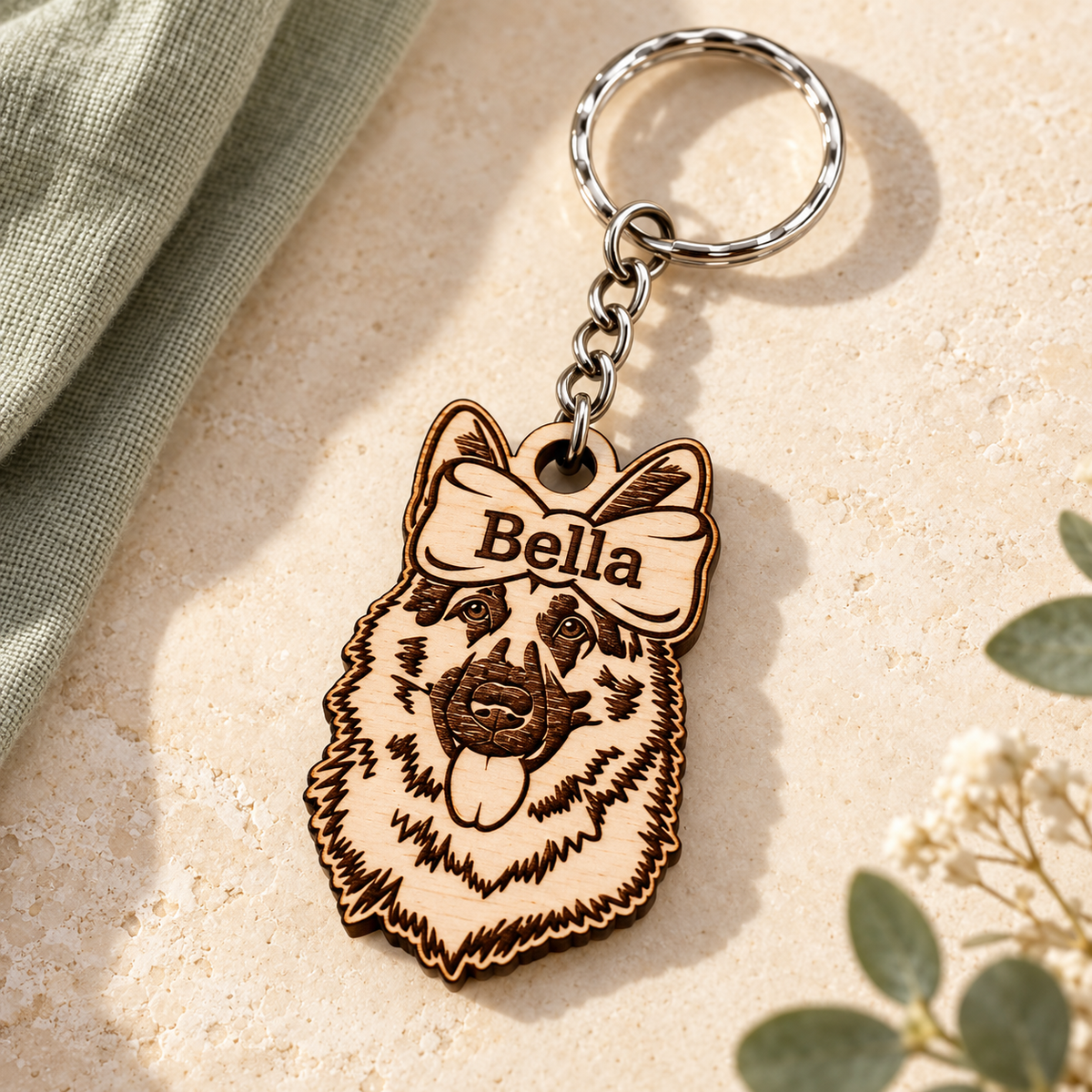Female German Shepherd wooden keyring with Bella engraved on the top bow, styled on stone and sage fabric
