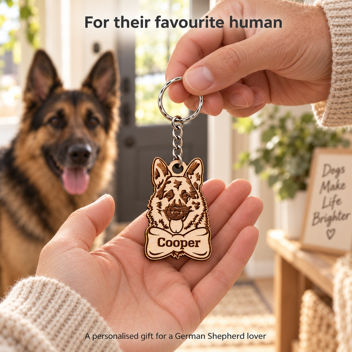 German Shepherd dog lover gift: a personalised Cooper wooden keyring presented in a hand