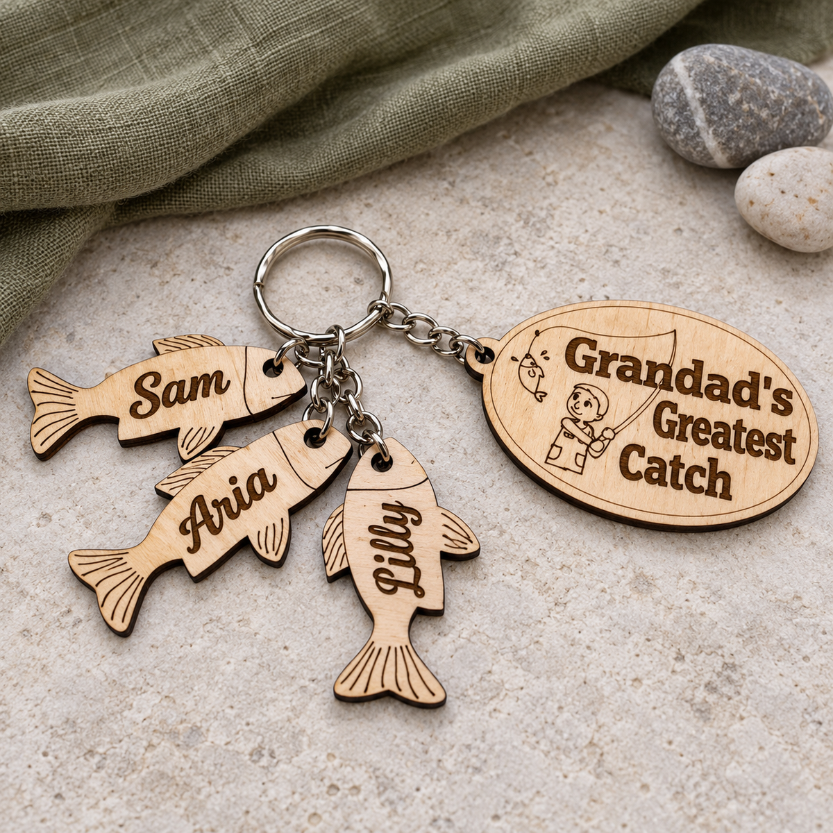 Grandad's Greatest Catch personalised keyring with fish charms engraved Sam, Aria and Lilly