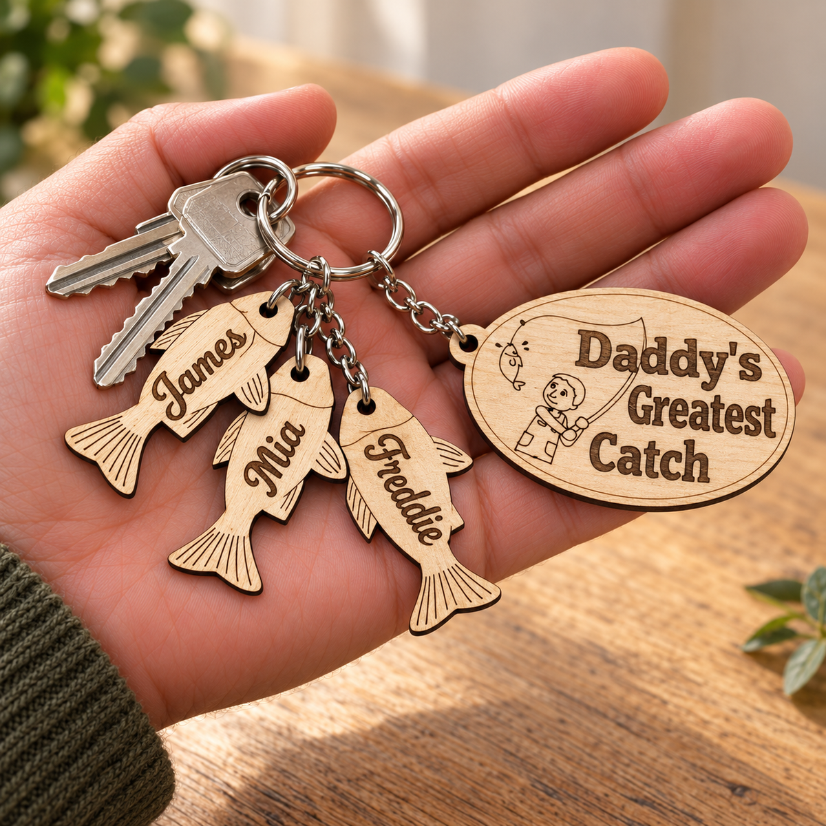 Daddy's Greatest Catch personalised fishing keyring with James, Mia and Freddie fish charms, held in a hand with house keys