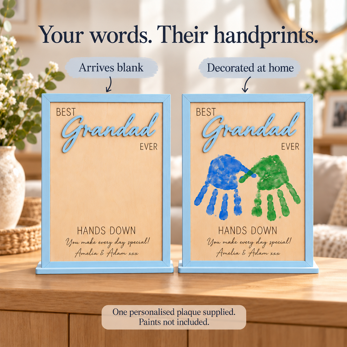 Pastel blue Grandad frame shown with its blank centre and with handprints added at home; one plaque supplied.