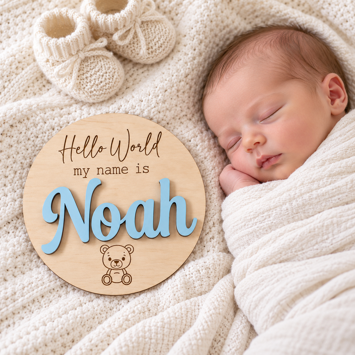 Round Noah Hello World baby name plaque beside a newborn on a cream knitted blanket.