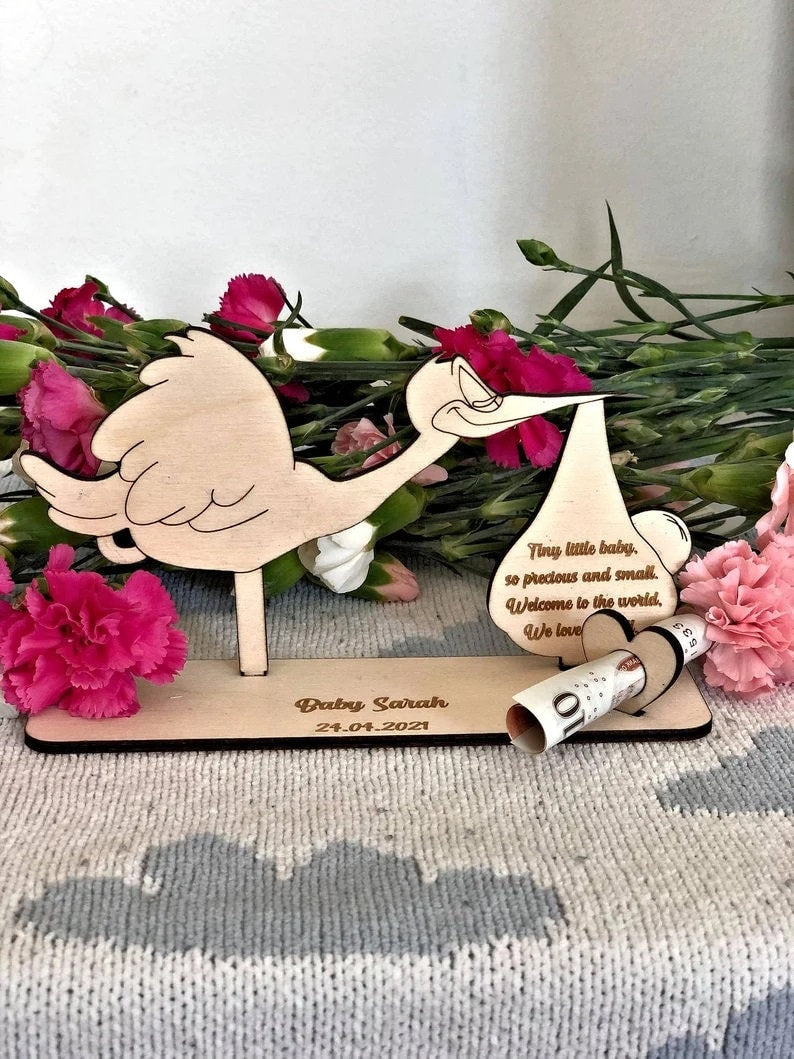 Personalised Wooden Stork New Baby Gift