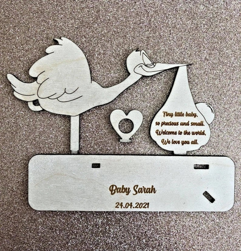 Personalised Wooden Stork New Baby Gift