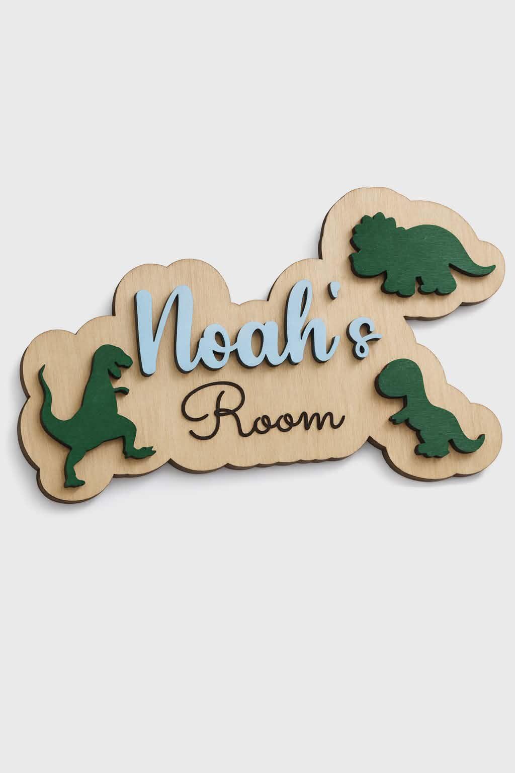 Noah’s Room dinosaur wooden 3D name sign.