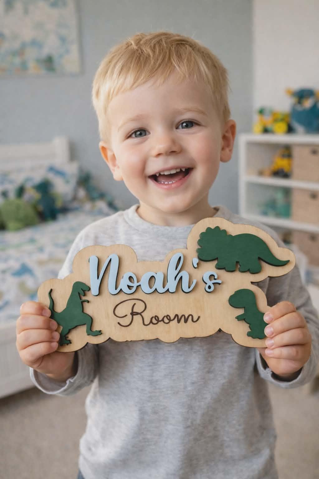 Child holding Noah’s Room dinosaur name sign.