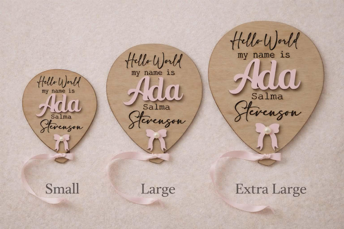 Baby announcement balloon plaques in three sizes small, large and extra large.