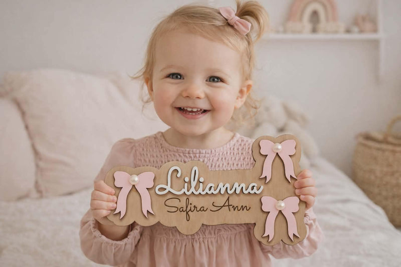 Personalised Bow Door Name Sign - Wooden Name Plaque for Girls Bedroom