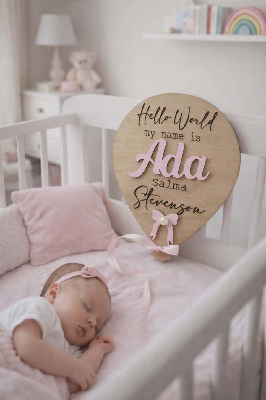 Personalised Hello World wooden balloon name plaque styled as nursery decor with pink ribbon.