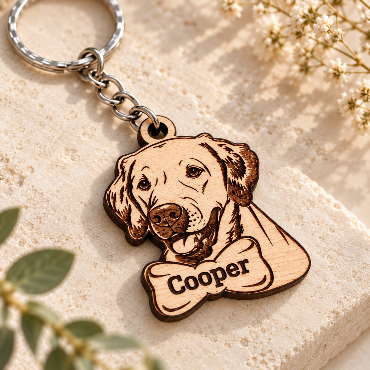 Close-up of dark laser engraving on a Labrador portrait and Cooper name on natural birch plywood