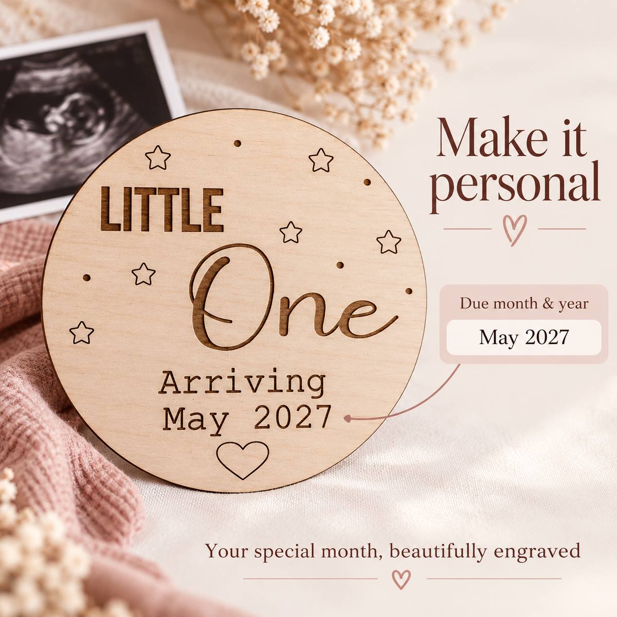 Little One plaque personalisation guide showing due month and year May 2027