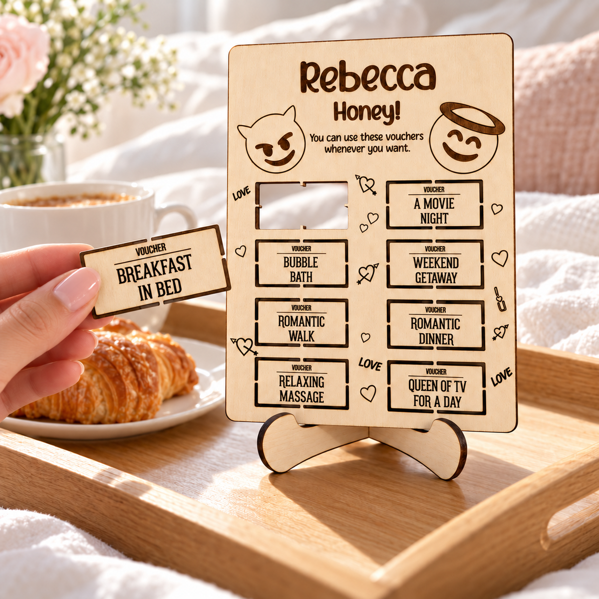 Breakfast in bed voucher removed from a wooden love coupon card, with an open cut-out