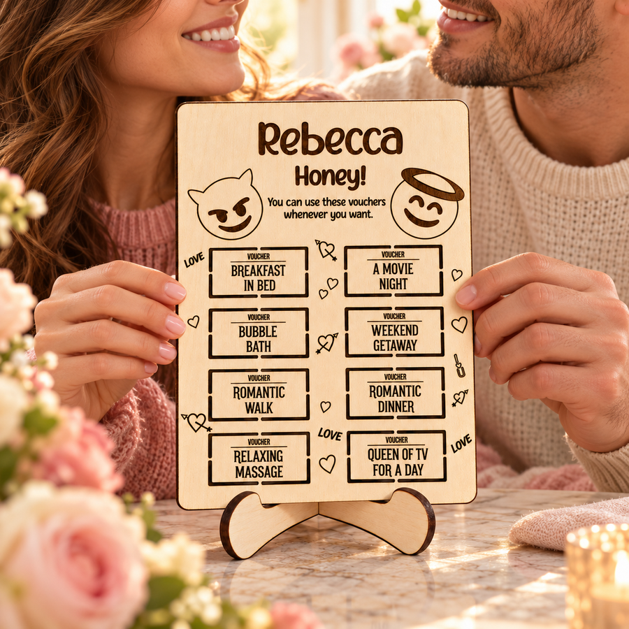 Couple holding a personalised wooden love vouchers card with eight custom coupons
