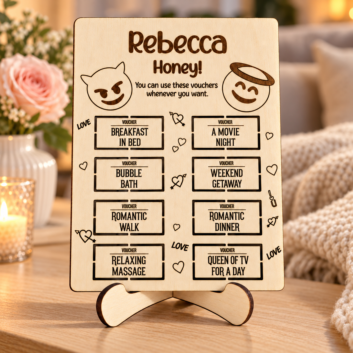 Wooden love vouchers card displayed on its matching stand in a cosy romantic setting
