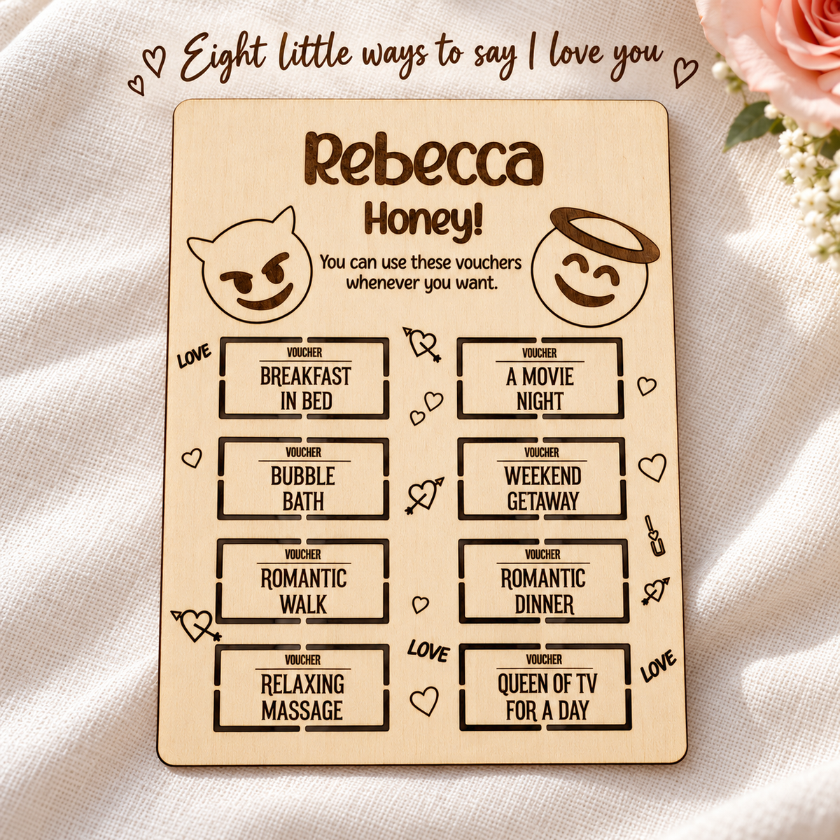Eight example love coupons in a personalised wooden voucher card
