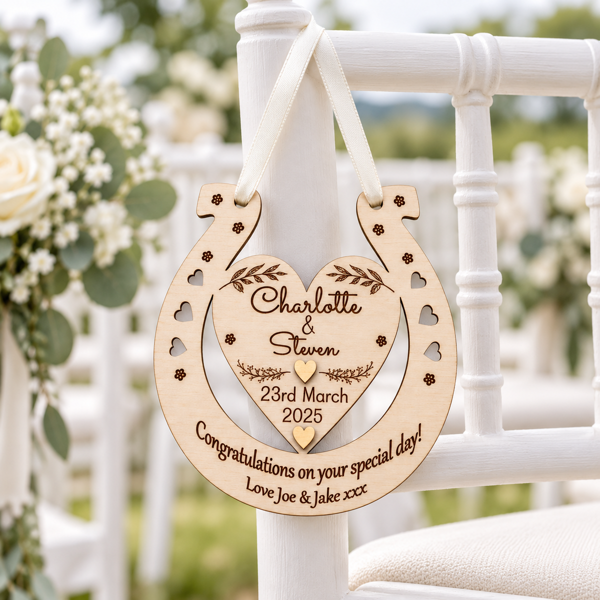 Personalised wedding horseshoe hanging by an ivory ribbon from a white ceremony chair