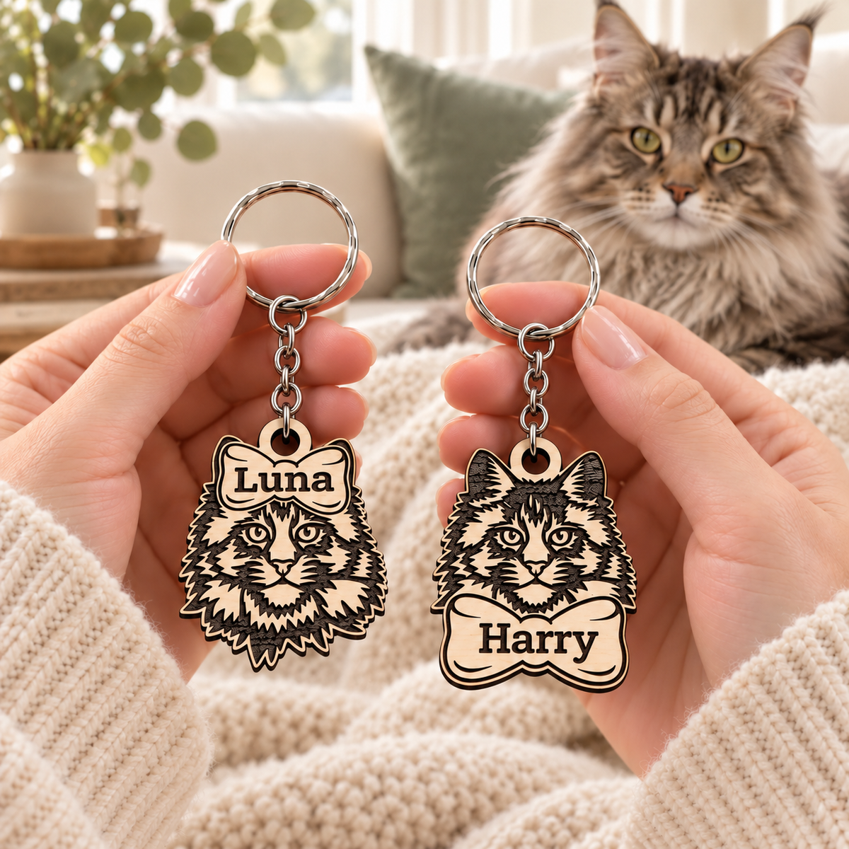 Personalised wooden Maine Coon cat keyrings with Luna on a top bow and Harry on a bottom bow, held beside a Maine Coon cat