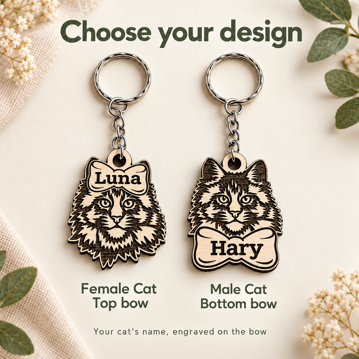 Maine Coon keyring design comparison showing the female cat with a top bow and the male cat with a bottom bow