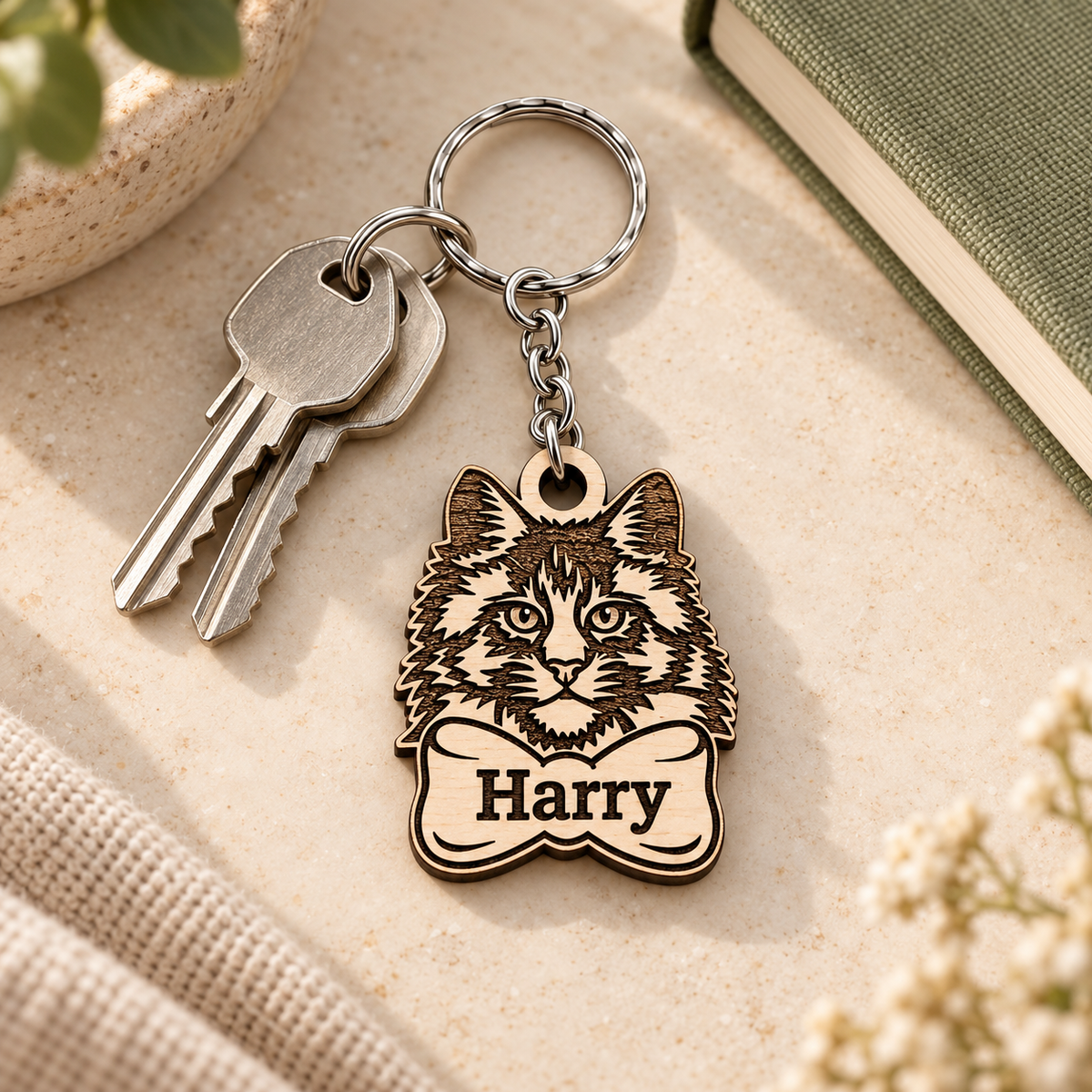 Harry personalised Maine Coon wooden keyring with a bottom bow, shown with house keys