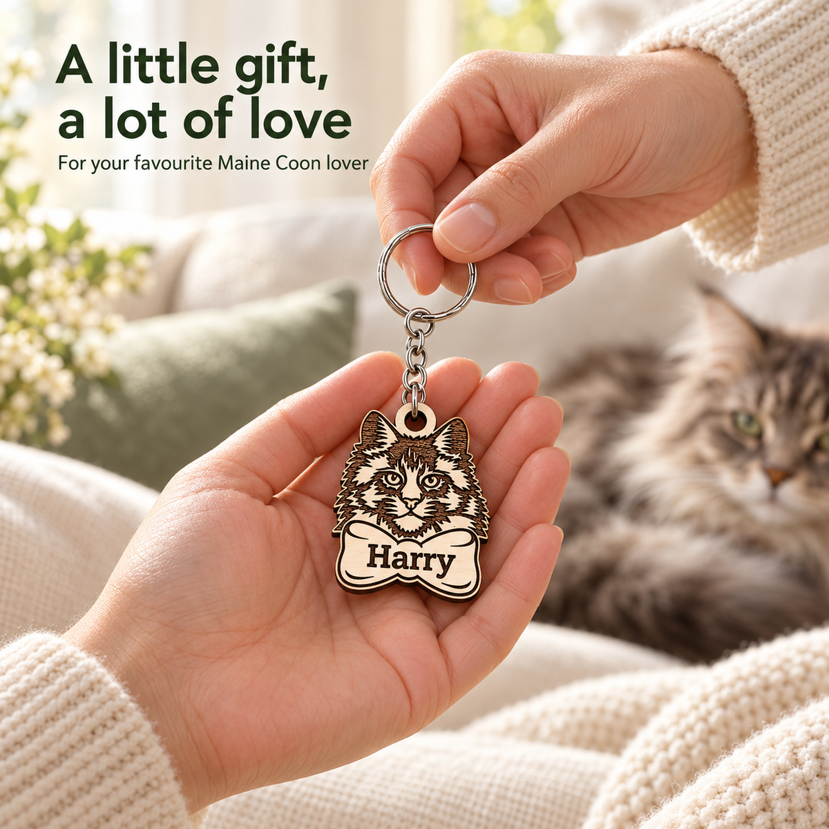 Personalised Maine Coon cat keyring being given as a gift to a cat lover