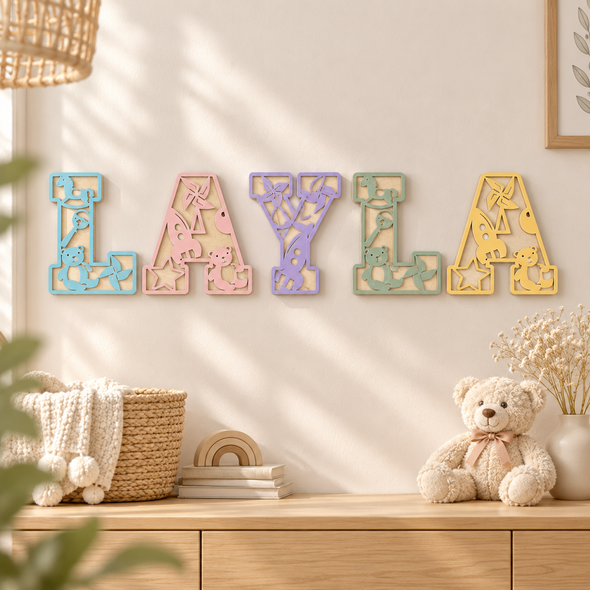 LAYLA personalised wooden wall letters with Pastel Blue, Pastel Pink, Light Violet, Sage Green and Yellow painted fronts