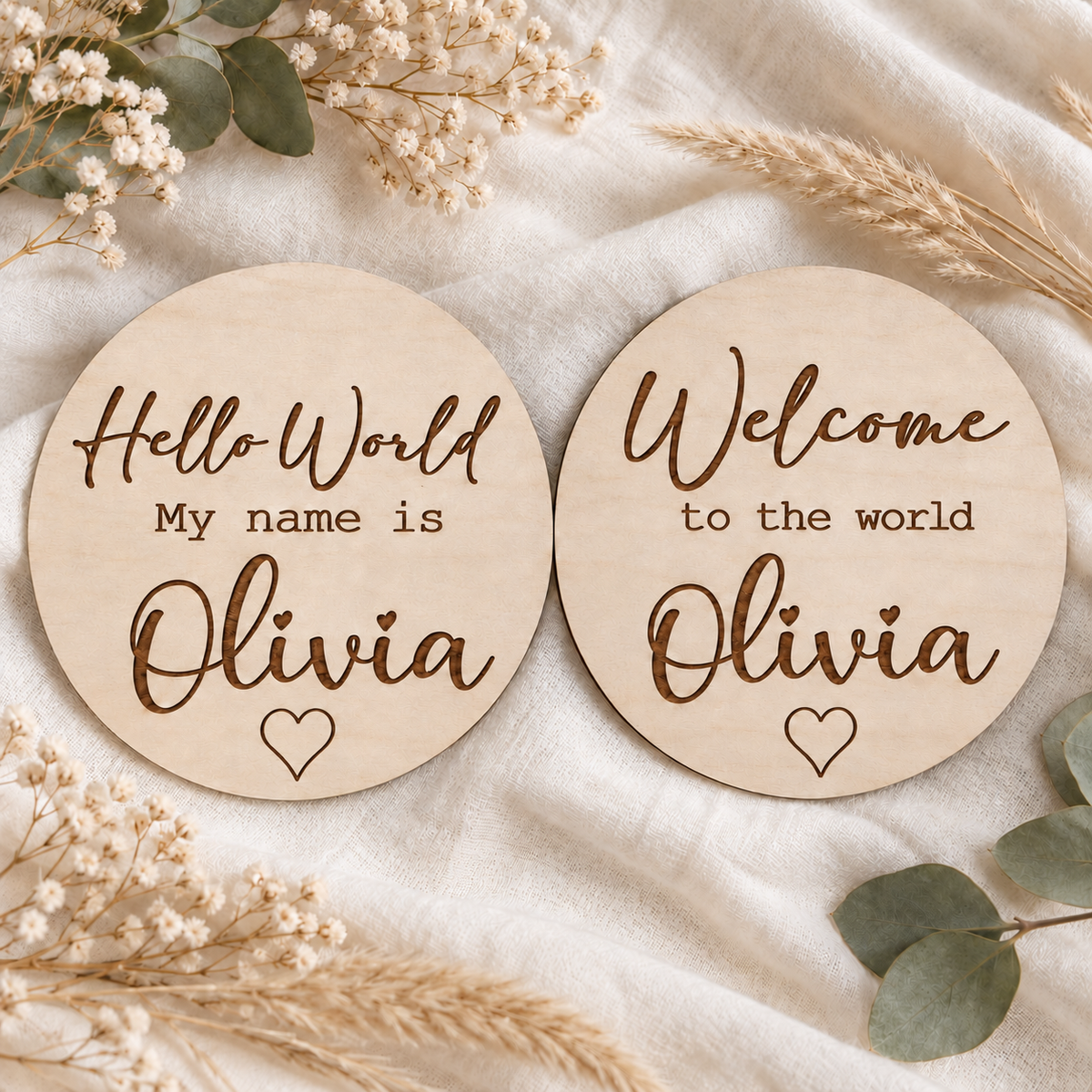 Hello World and Welcome to the world name card designs shown side by side for comparison