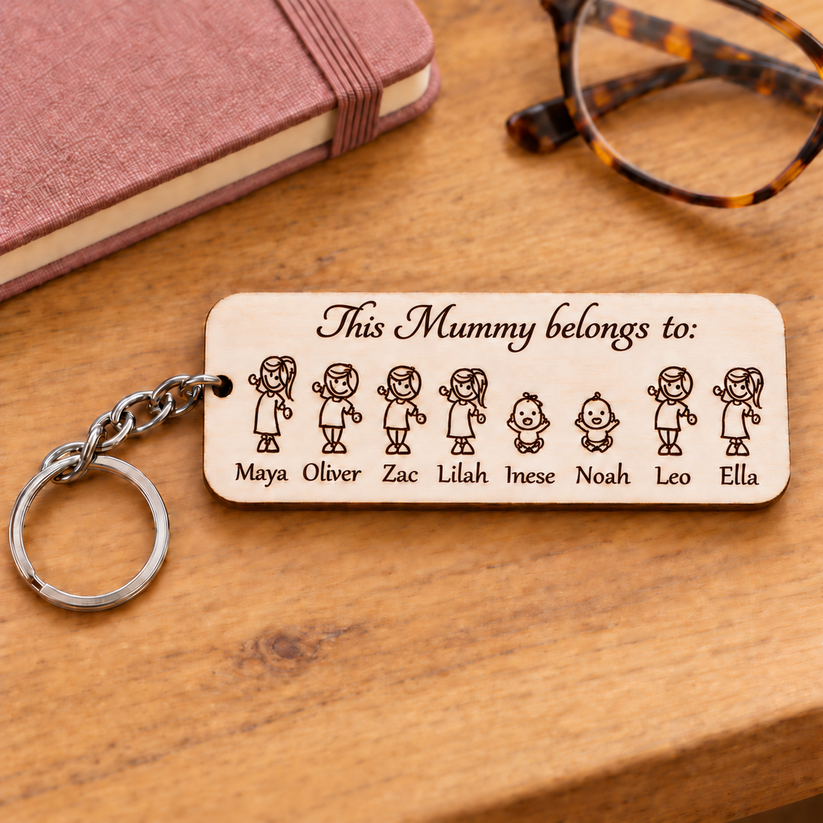 This Mummy Belongs To wooden keyring with eight engraved family characters and children's names