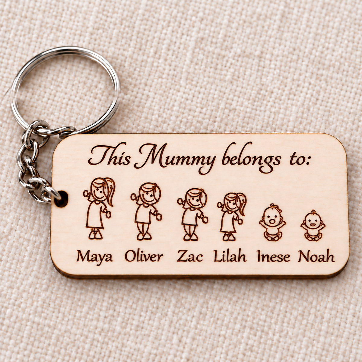 Close-up of the birch plywood Mummy keyring showing dark engraved names, family figures and metal ring
