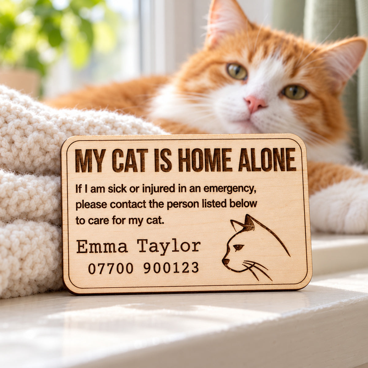 My Cat Is Home Alone wooden card displaying an engraved cat and a sample emergency contact name and phone number.