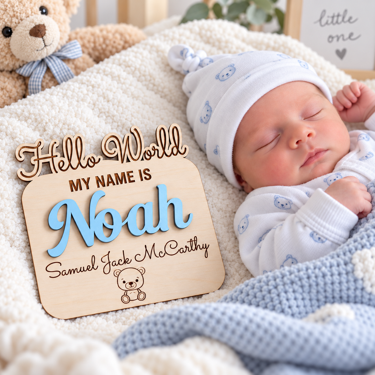 Noah's wooden baby name reveal sign with Pastel Blue 3D letters and an engraved teddy, styled beside a sleeping newborn boy.