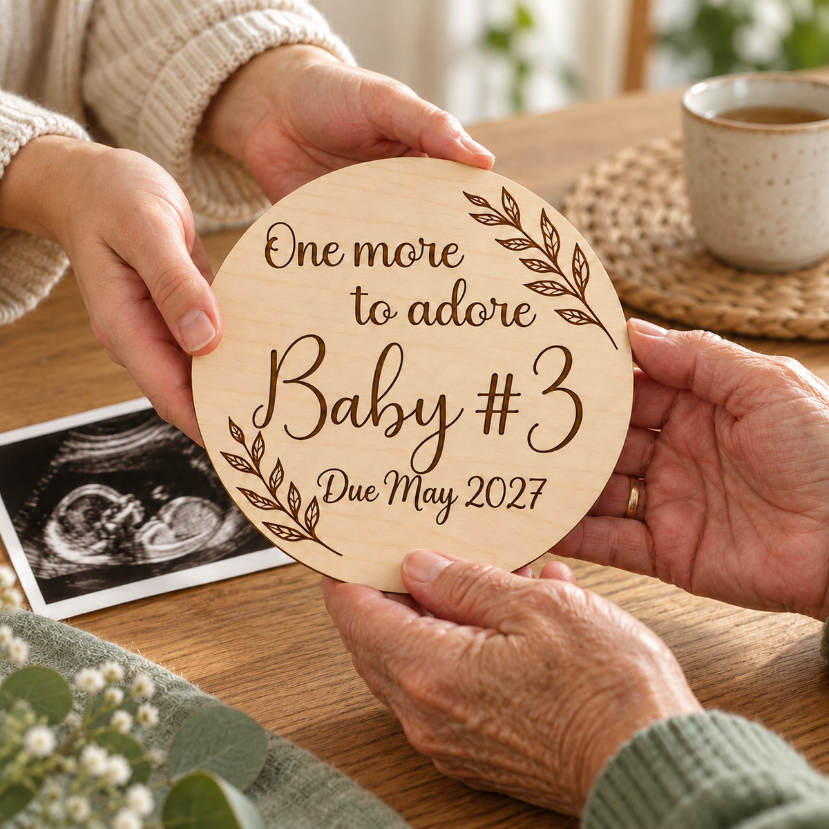 Sharing a Baby #3 pregnancy announcement plaque with grandparents