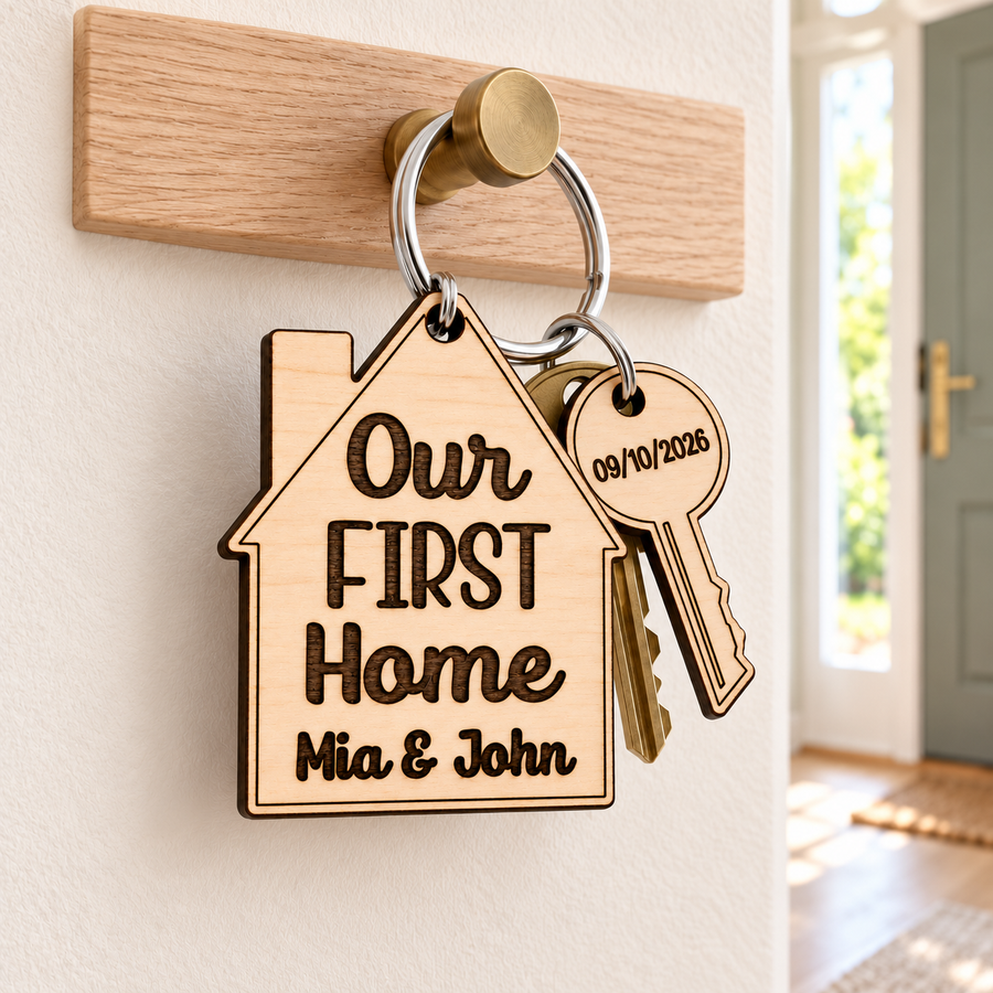Personalised Our First Home wooden keyring with Mia & John and dated key charm, hanging in a bright home entrance.